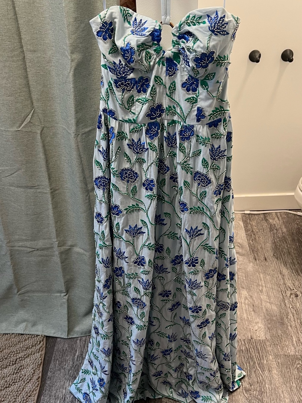 Dress the Population Strapless Floral Embroidered Maxi Dress in Blue and Green